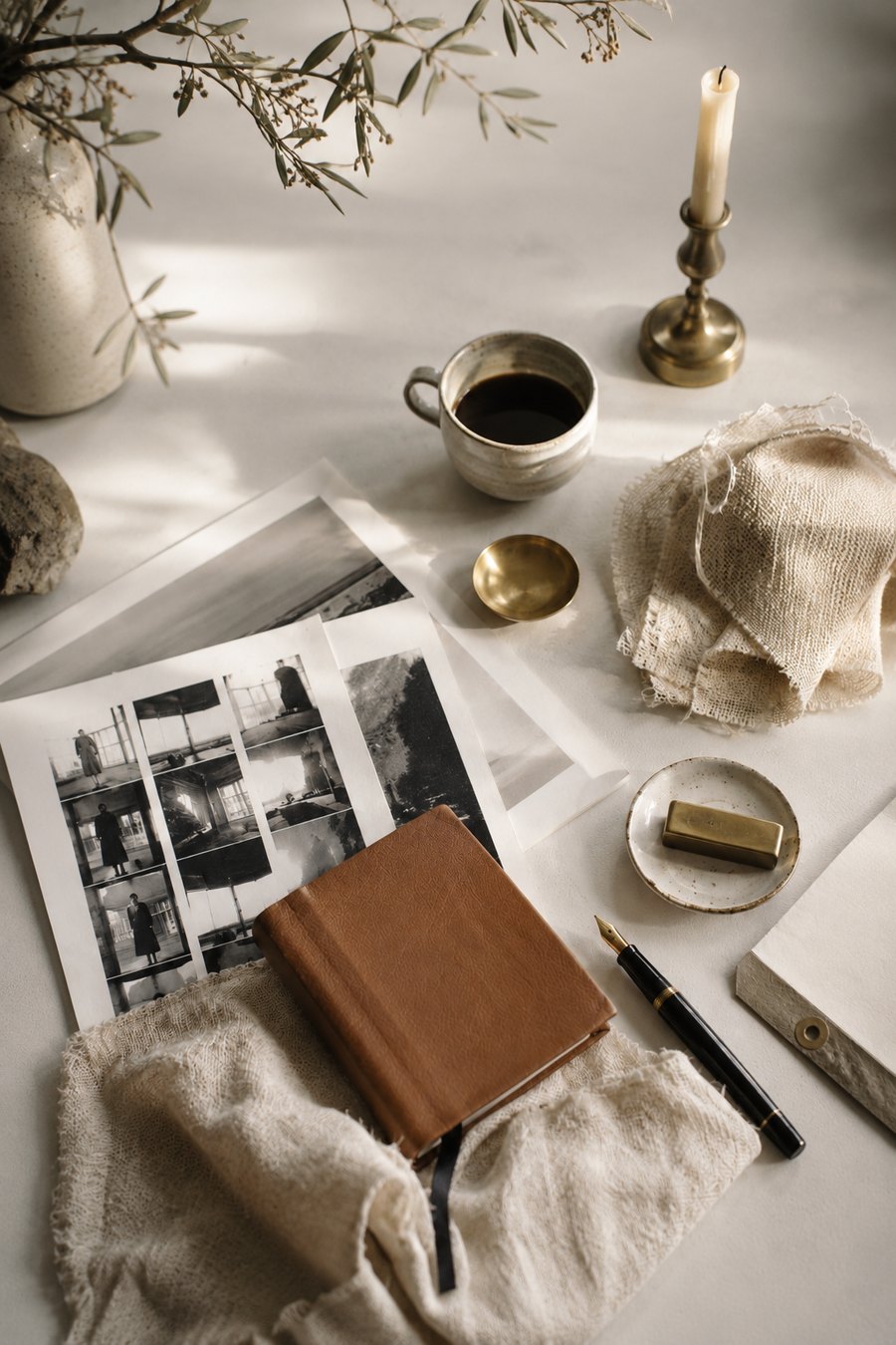 Editorial still life with journal, photographs, coffee, candle, and pen